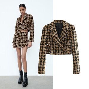 ZARA Tweed Houndstooth Cropped Textured Blazer Jacket Bloggers Fave Brown Black
